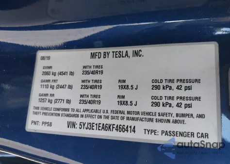 2019 Tesla Model 3 Long Range/Mid Range/Standard Range/Standard Range Plus from USA, damaged, VIN 5YJ3E1EA6KF466414